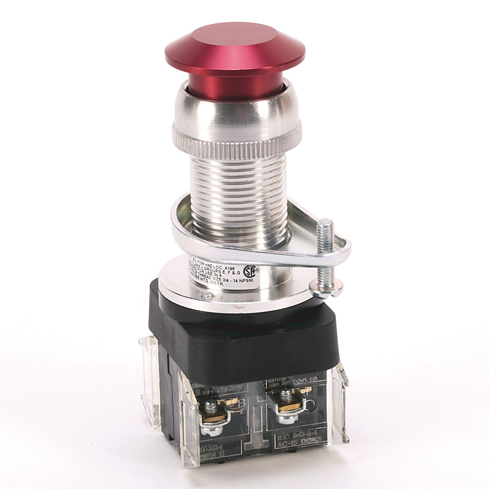 800H-FPX6D2Y - Interruptor apilable sellado para áreas peligrosas, tipo 7 y 9, 2 polos, sin iluminación, longitud de cilindro estándar, unidad de empuje y tracción, cabezal tipo hongo, rojo, 1 NC