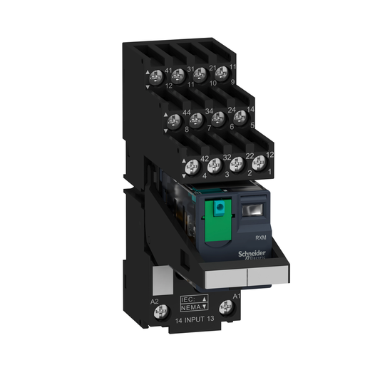 RXM4AB1BDPVS - Relé enchufable miniatura preensamblado, Harmony, 6 A, 4 CO, botón de prueba bloqueable, zócalo de terminales separados, 24 V CC