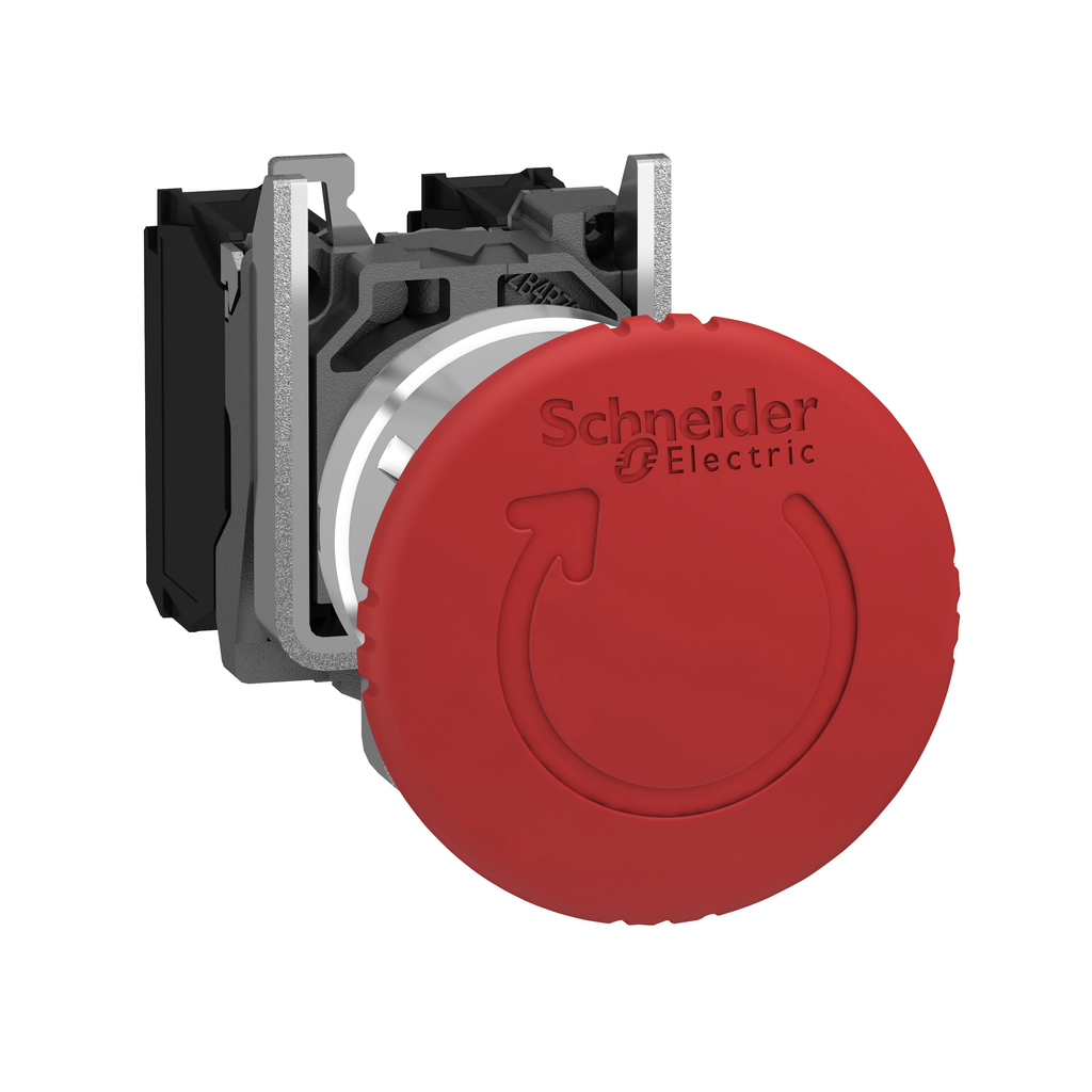 XB4BS84441 - Interruptor de parada de emergencia, Harmony XB4, metal, hongo rojo 40 mm, 22 mm, gatillo de enclavamiento, girar para liberar, 2 NC + 1 NO