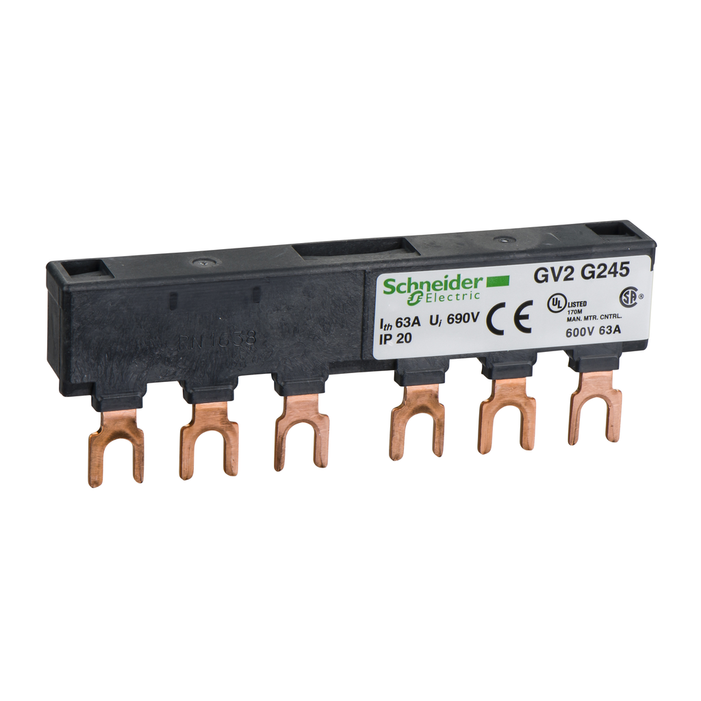 GV2G245 - Linergy FT, barra colectora tipo peine, 63 A, 2 derivaciones, paso de 45 mm