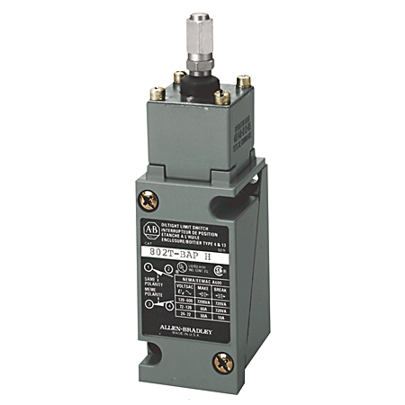 802T-BAP - Interruptor de límite, NEMA tipo 4 y 13, construcción hermética al aceite, enchufable, varilla de empuje superior, ajustable, 2 circuitos, interruptor completo