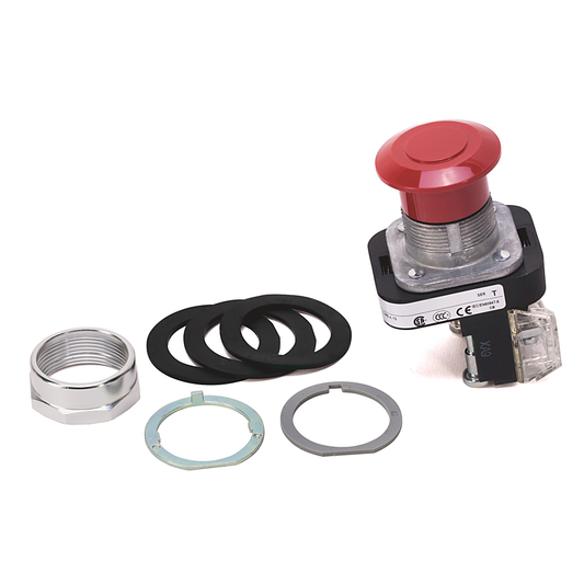 800TC-FX6D4S - 30,5 mm, tipo 4/13, 2 pos., PB, sin iluminación, cabeza tipo hongo (pulsar-tirar), rojo, 1 automonitor NCLB, protección para dedos