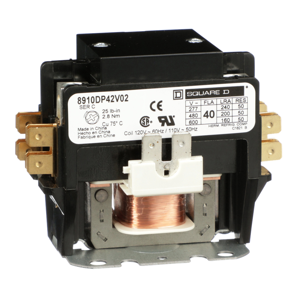 8910DP42V02 - Contactor, propósito definido, 40 A, 2 polos, bobina 110/120 VCA 50/60 Hz, abierto
