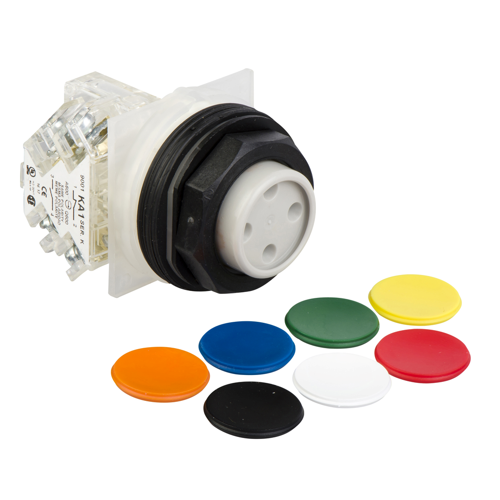 9001SKR3UH13 - Pulsador, Harmony 9001SK, plástico, saliente, 7 colores a elegir, 30 mm, retorno por resorte, 1 C/O