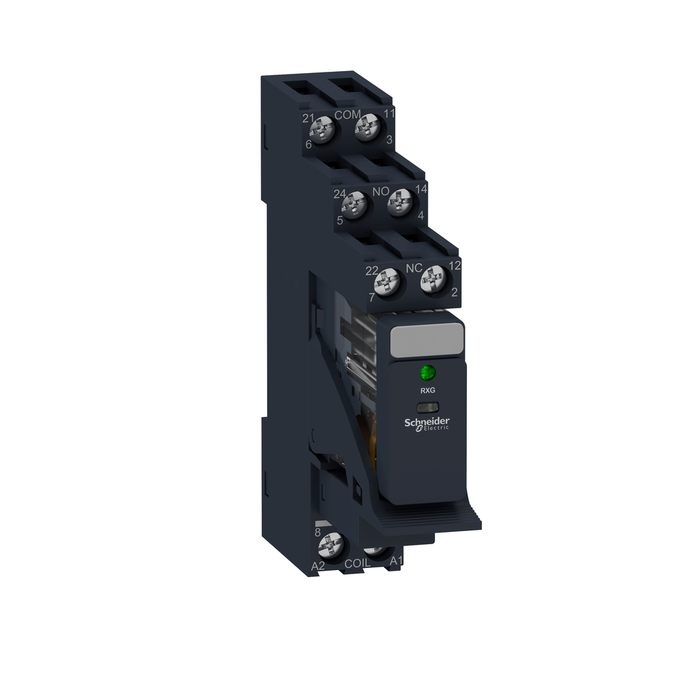 RXG23BDPV - interface plug in relay, Harmony Electromechanical Relays, pre assembled, 5A, 2CO, with LED, 24V DC