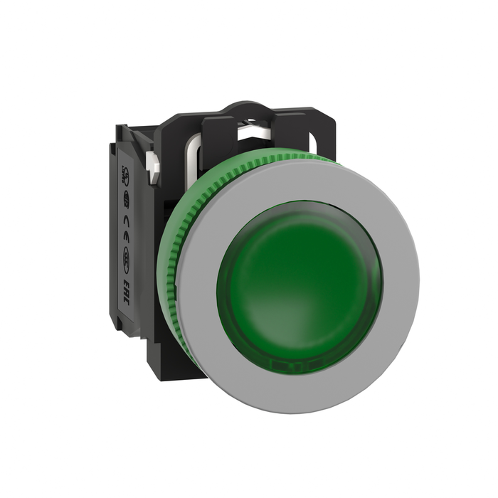 XB5FW33B5C0 - Illuminated push button, Harmony XB5, grey bezel, green flush mounted, 30mm, universal LED, 1NO + 1NC, 24V AC