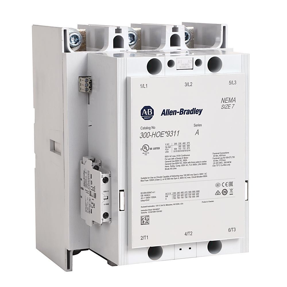 300S-HOEY9312C - Contactor de seguridad 300S, NEMA tamaño 7, abierto, 48-130 V 50-60 Hz/48-130 V CC con interfaz PLC de 24 V CC, tres polos NA, 1 contacto auxiliar NA - 1 NC