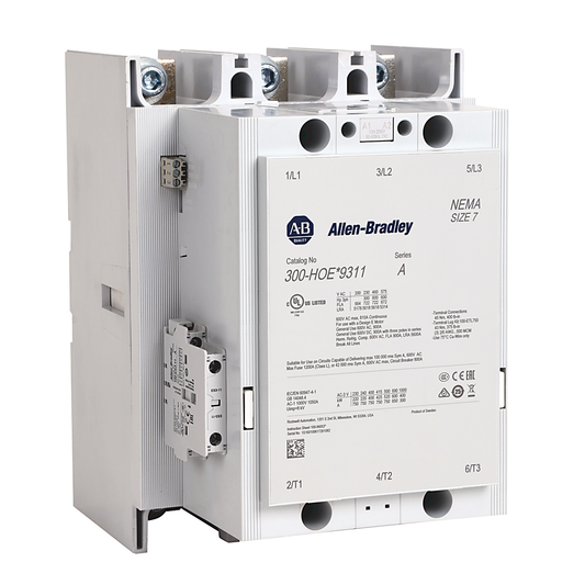 300S-HOEY9312C - Contactor de seguridad 300S, NEMA tamaño 7, abierto, 48-130 V 50-60 Hz/48-130 V CC con interfaz PLC de 24 V CC, tres polos NA, 1 contacto auxiliar NA - 1 NC
