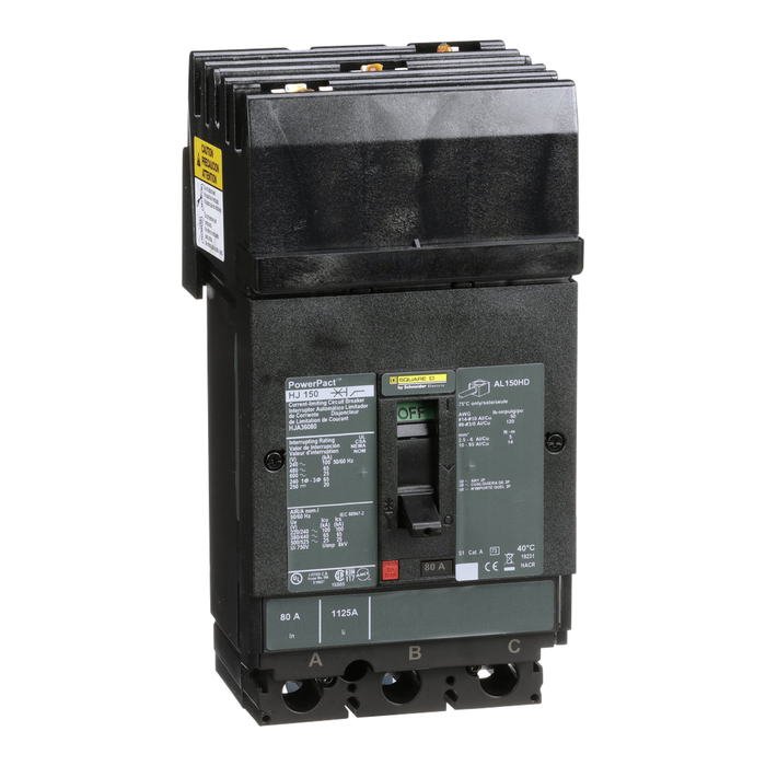 HJA36080 - Circuit breaker, PowerPacT H, 80A, 3 pole, 600VAC, 25kA, I-Line, thermal magnetic, 80%, ABC