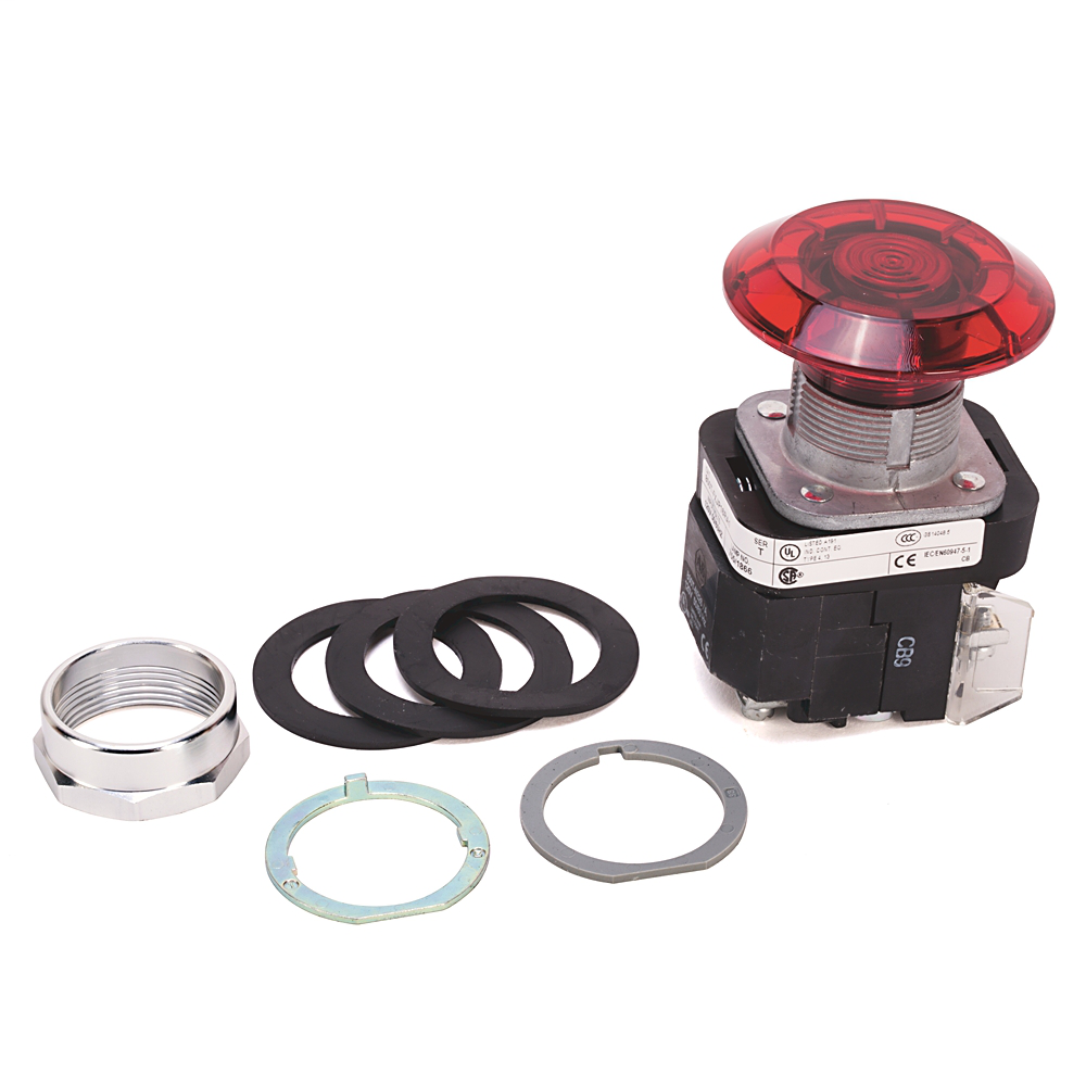 800T-FXJPH16RA - 30,5 mm, tipo 4/13, 2 pos., PB-Illum., Push-Pull, rojo, Jumbo Mushroom Hd, LED, 120 V CA 50/60 Hz, 1 NA-1 NC