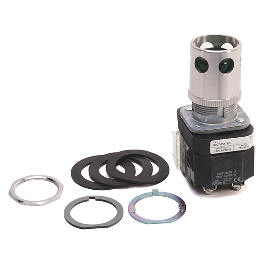 800T-PA16G - 30.5mm Type 4/13 Mom. Contact PB-Illum., Green, Ext. Hd w/ Guard, Incand./No Options, 120V AC 50/60 Hz, 1 NO-1 NC