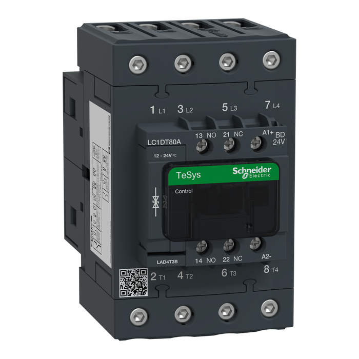 LC1DT80ABD - IEC contactor, TeSys Deca, nonreversing, 80A resistive, 4 pole, 4 NO, 24VDC coil, open style