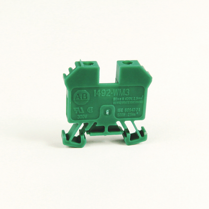 1492-WM3-G - 1492-W IEC Terminal Block, One-Circuit Mini Feed-Through Block, 2.5 mm (# 24 AWG - # 12 AWG), Standard Feedthrough, Green