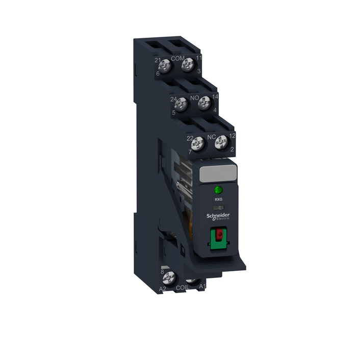 RXG22B7PV - interface plug in relay, Harmony Electromechanical Relays, pre assembled, 5A, 2CO, with LED, lockable test button, 24V AC