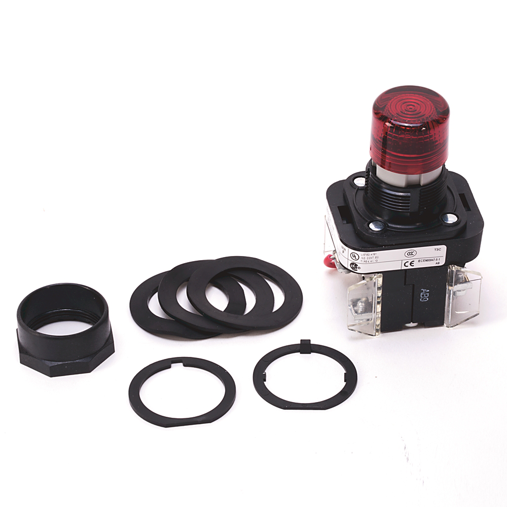 800H-QRT10R - Piloto luminoso tipo 4/4X/13 de 30,5 mm, voltaje completo, pulsador de prueba, incandescente, rojo, 120 V CA, 1 NA-1 NC