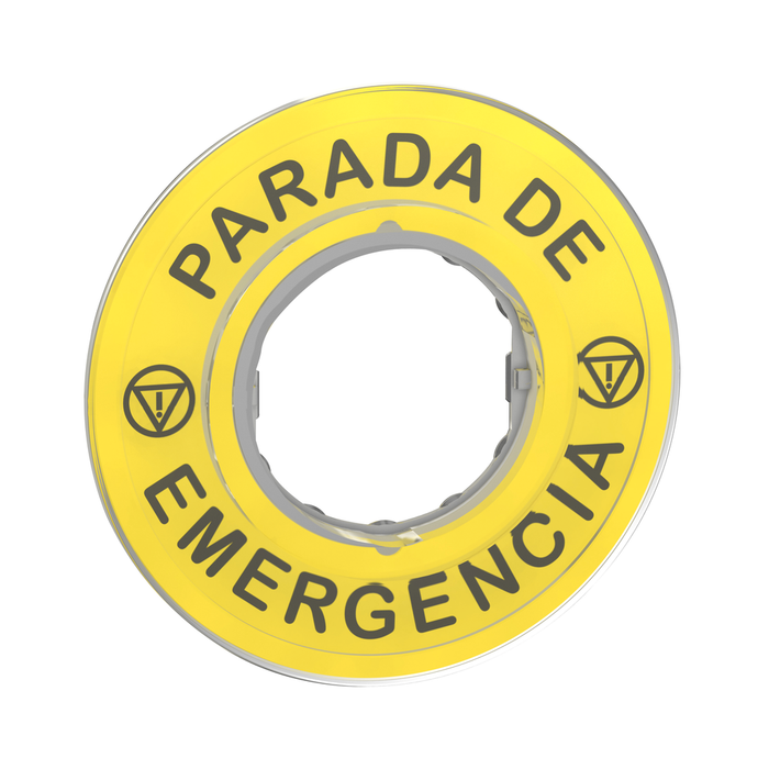 ZBY9420 - Legend, Harmony XB4, plastic, yellow, 90mm, for emergency stop, marked PARADA DE EMERGENCIA with logo ISO13851