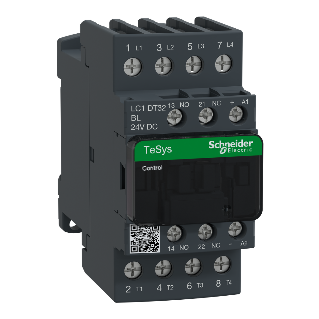 LC1DT32BL - Contactor IEC, TeSys Deca, no inversor, resistivo de 32 A, 4 polos, 4 NA, bobina de 24 V CC de bajo consumo, estilo abierto