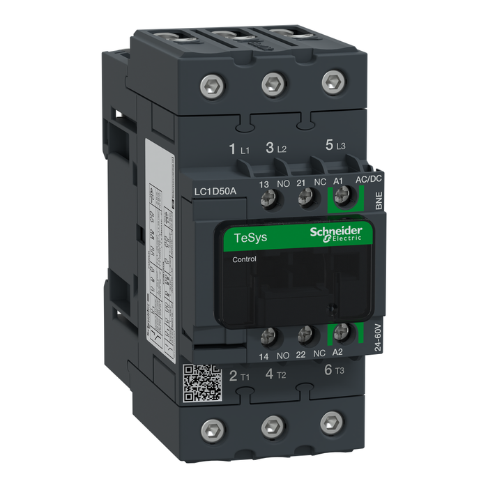 LC1D50ABNE - IEC contactor, TeSys Deca Green, nonreversing, 50A, 40HP at 480VAC, up to 100kA SCCR, 3 phase, 3 NO, 24/60VAC/VDC coil, open