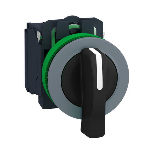 XB5FJ33C0 - Interruptor selector, Harmony XB5, montaje empotrado, bisel gris, 30 mm, 3 posiciones, mango largo negro, fijación fija, 2NO