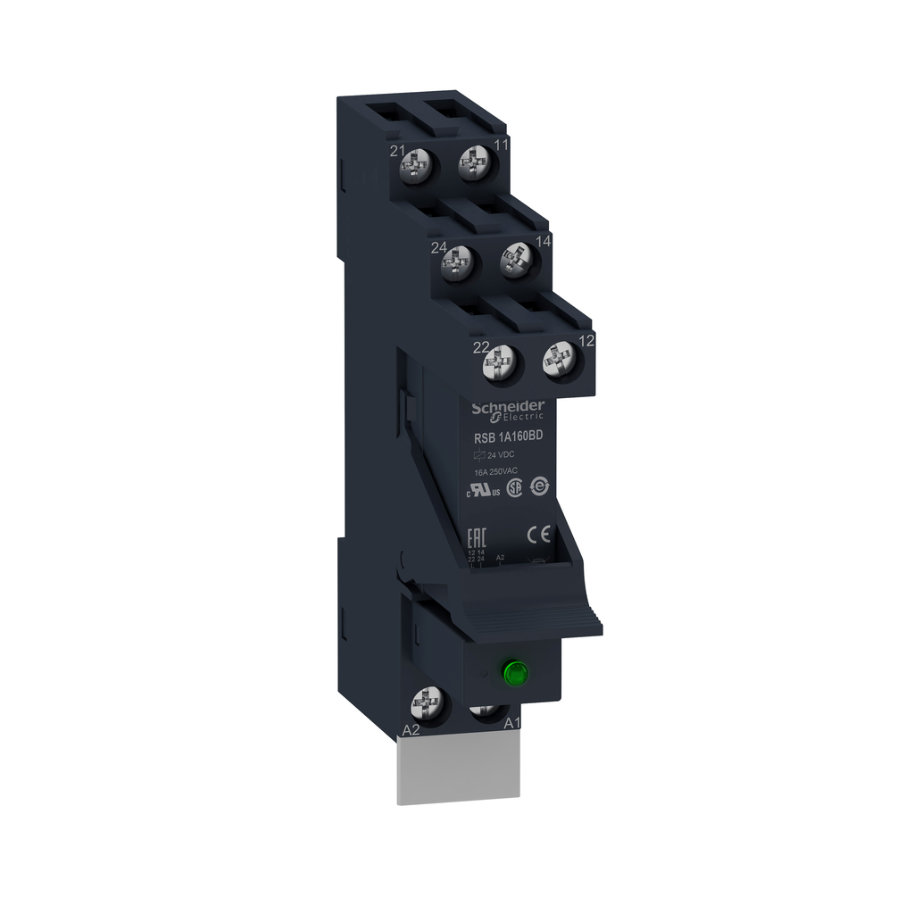 RSB1A160BDPV - Relé de interfaz enchufable, relés electromecánicos Harmony, preensamblado, 16 A, 1 CO, con LED, 24 V CC