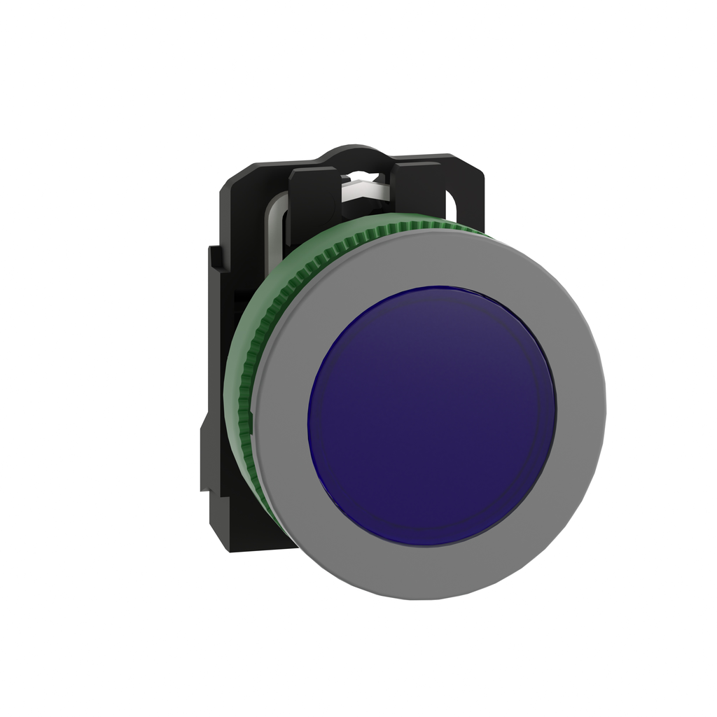 XB5FVB6C0 - Pilot light, Harmony XB5, grey bezel, blue, universal LED, plain lens, screw clamp terminals, 24V