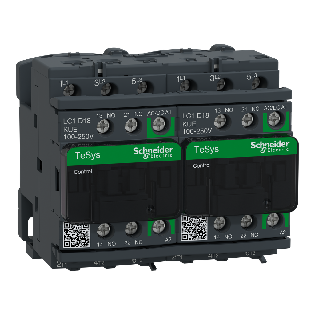 LC2D18KUE - Contactor inversor TeSys Deca - 3P - <= 440 V - 18 A AC-3 - Bobina 100...250 V AC/DC