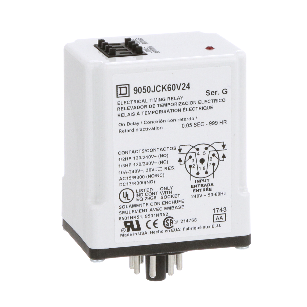 9050JCK60V24 - Relé temporizador, tipo JCK, enchufable, retardo de encendido, programable, de 0,5 segundos a 999 horas, 10 A, 240 V CA, 240 V CA 50/60 Hz
