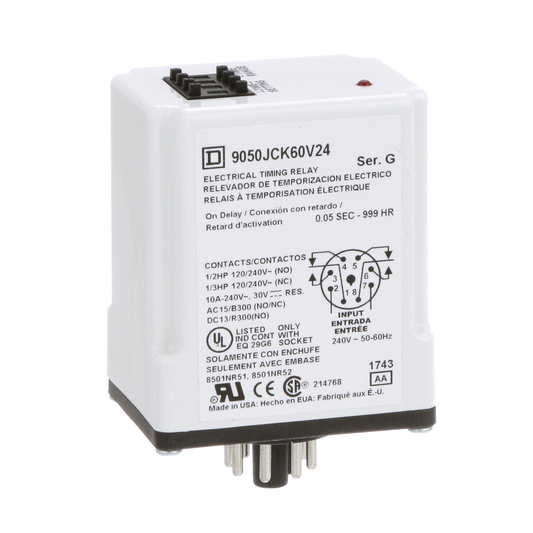 9050JCK60V24 - Relé temporizador, tipo JCK, enchufable, retardo de encendido, programable, de 0,5 segundos a 999 horas, 10 A, 240 V CA, 240 V CA 50/60 Hz