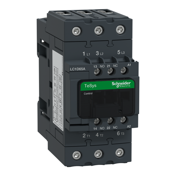 LC1D65AT7 - IEC contactor, TeSys Deca, nonreversing, 65A, 40HP at 480VAC, up to 100kA SCCR, 3 phase, 3 NO, 480VAC 50/60Hz coil, open