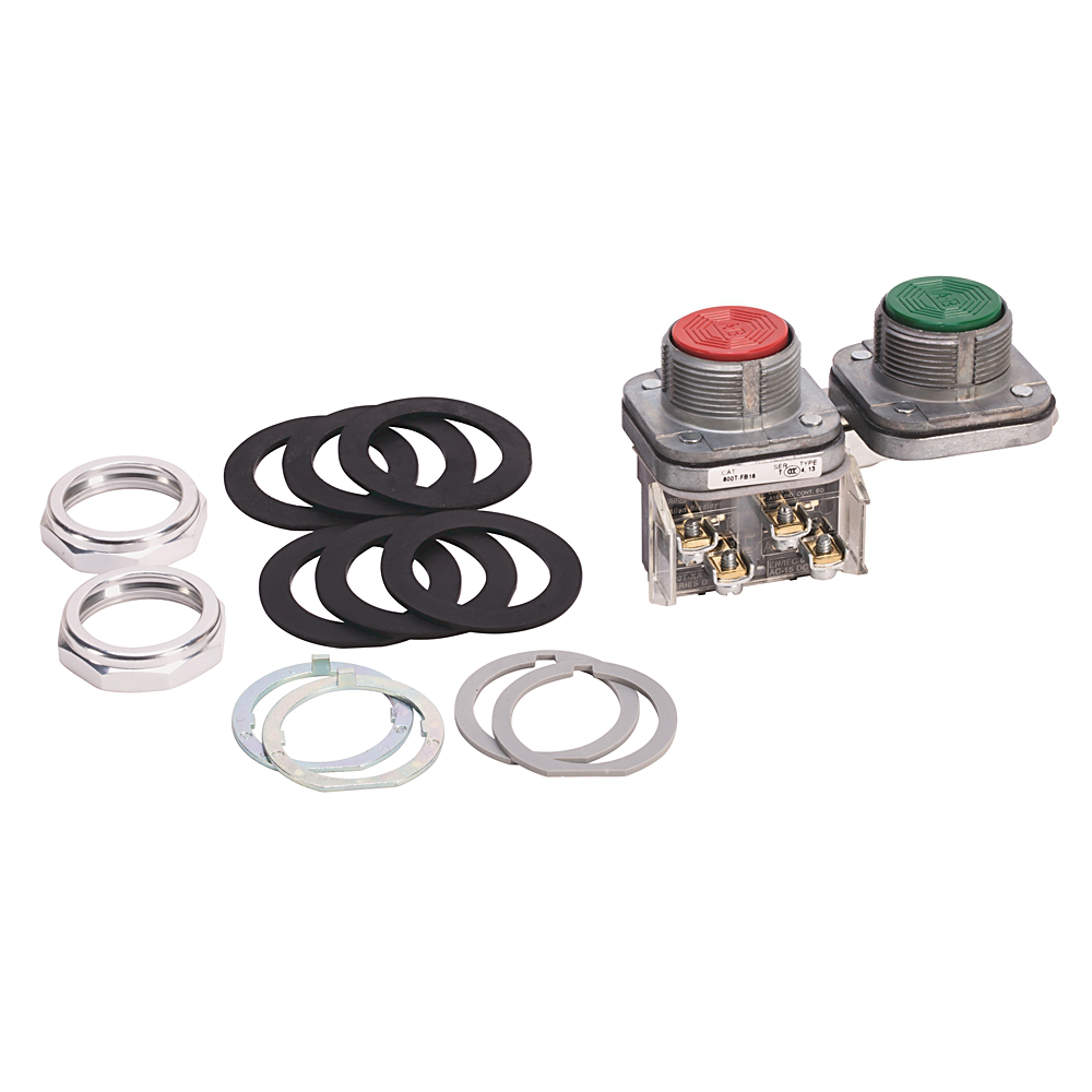 800T-FB16F - 30.5mm Type 4/13 Mech. Interlocked Maint. PB, Vert. Mount, Maint./Maint., Flush/Extended, Green/Red, 2 NO-2 NC