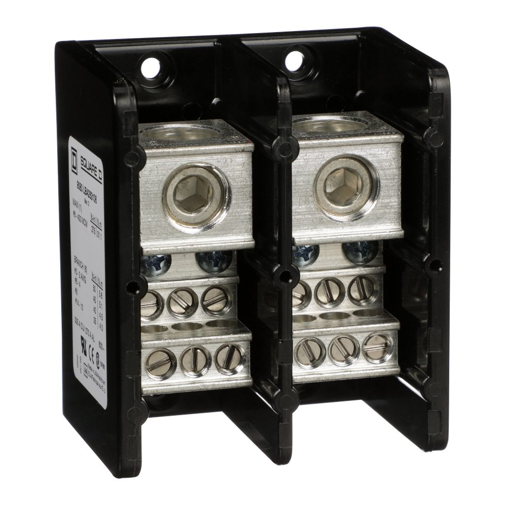 9080LBA263106 - Bloque de distribución de energía, Linergy, 2 polos, 1 línea, 6 cargas, 335 A CU, 270 A AL, 600 V