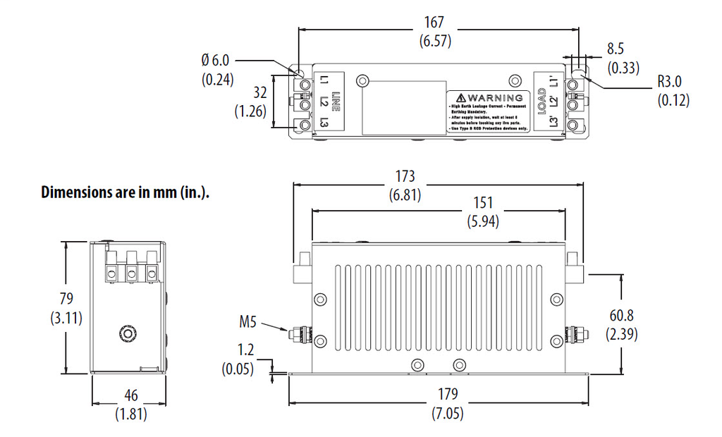 2198-DB08-F - 8 Amp single and three phase EMC line filter, Kinetix 5500