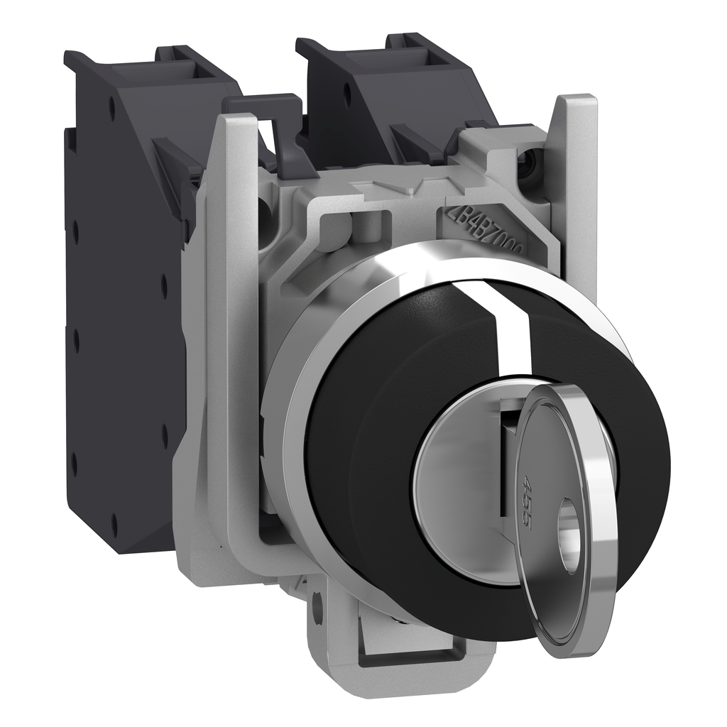 XB4BG03 - Harmony XB4, Selector de llave, metal, negro, Ø22, llave 455, 3 posiciones, cierre fijo, 2 NA