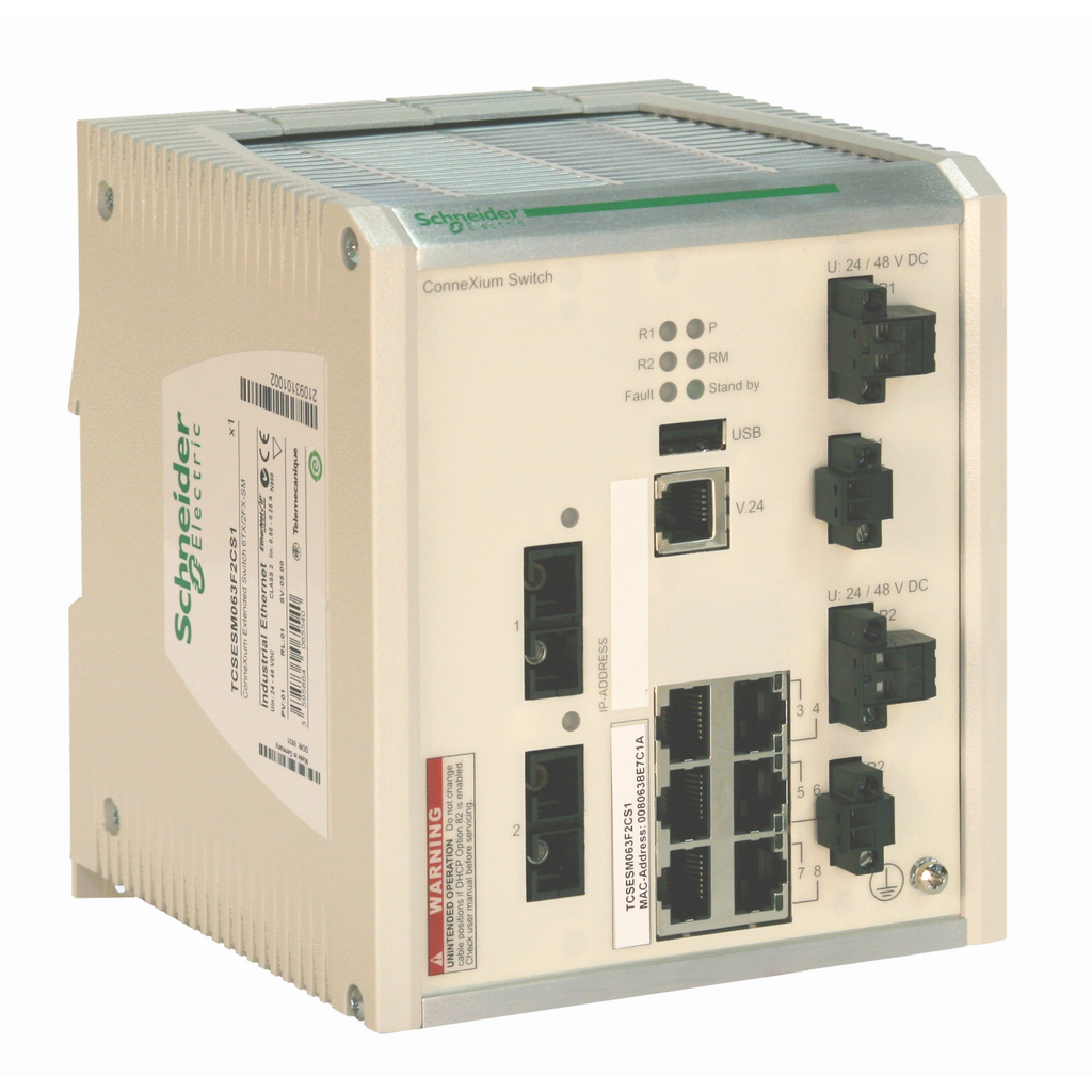 TCSESM063F2CS1 - Switch administrado extendido ConneXium - 6 puertos para cobre + 2 puertos para fibra óptica monomodo