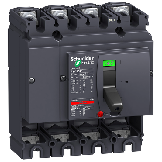 LV429008 - Disyuntor de marco básico, Compact NSX100F, 36 kA a 415 V CA 50/60 Hz, 100 A, sin unidad de disparo, 4 polos