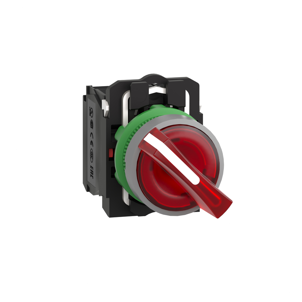 XB5AK124B5C0 - Selector iluminado, Harmony XB5, LED universal, bisel gris, mango rojo, 22 mm, 2 posiciones, contacto fijo, 1 NA + 1 NC, 24 V CA CC