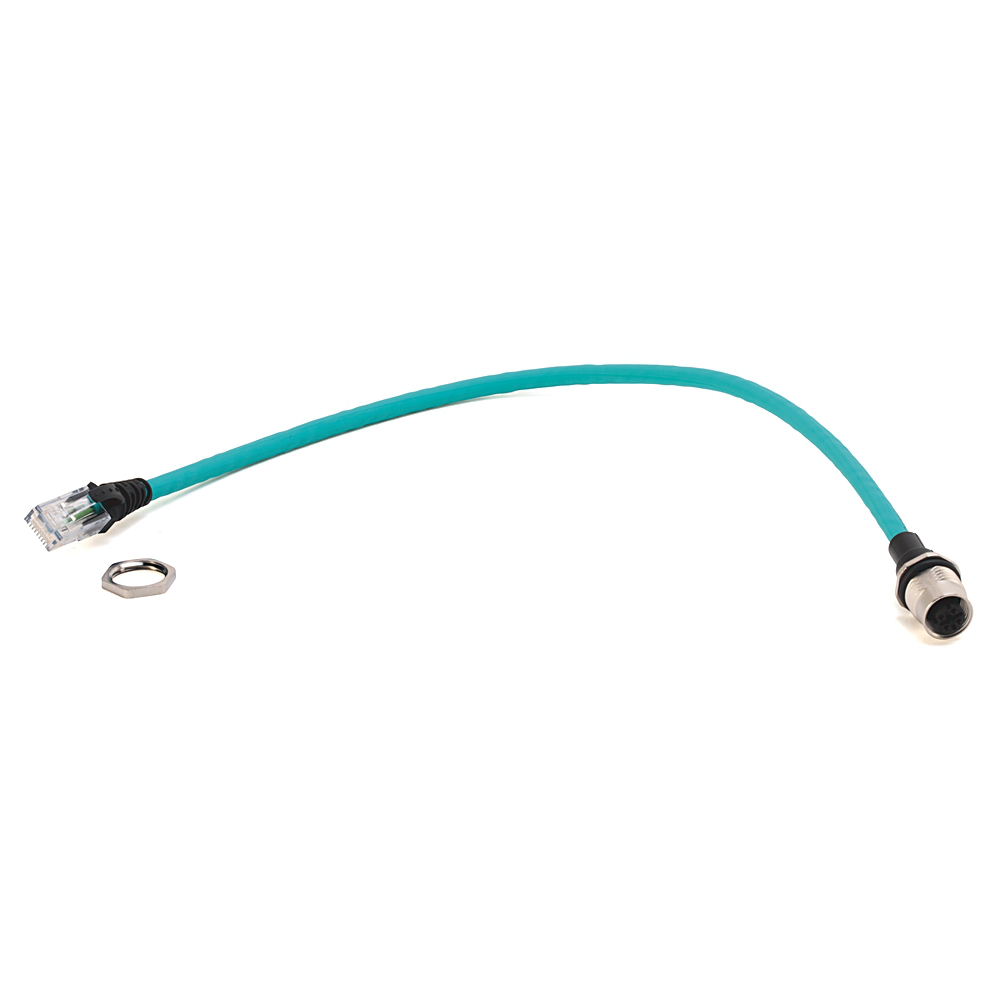 1585D-D4TBJM-0M6 - 1585 Ethernet Cables, 4 Conductors, M12, Female Front Mount Receptacle, Standard, RJ45, Straight Male, Teal Robotic TPE, 100BASE-TX, 100 Mbit/s, 4 Conductor, Teal TPE, Flex Rated
