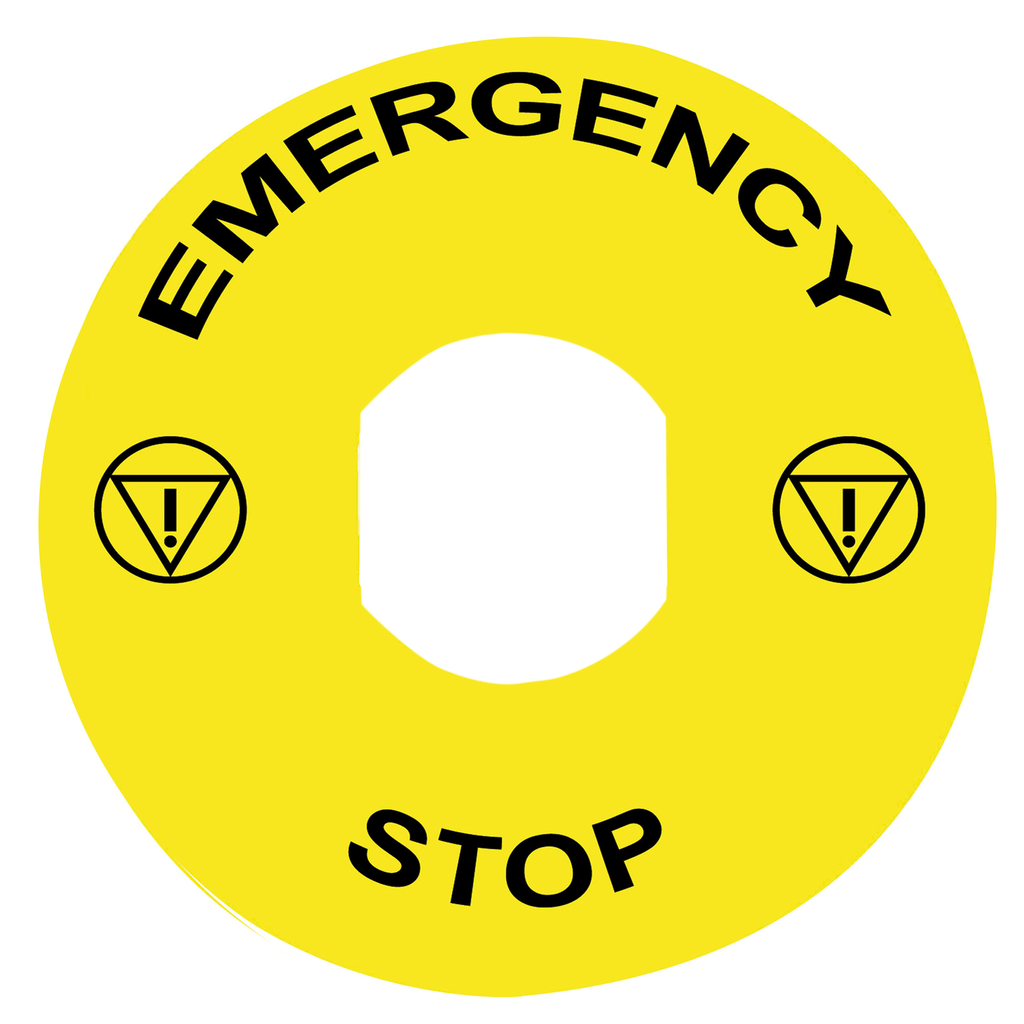 Leyenda, Harmony XB4, plástico, amarillo, 90 mm, para parada de emergencia, marcado EMERGENCY STOP con logotipo ISO13851 (Cantidad: 10)