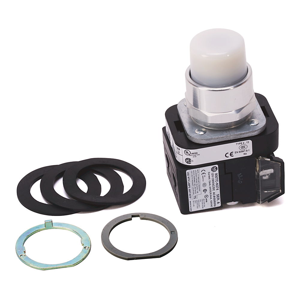 800TC-QBH2WD1V - 30.5mm Type 4/13 Mom. Contact PB-Illum., White, Ext. Hd w/o Guard, LED, 12-130V AC/DC, 1 NO PenTUFF, Finger Safe Guards