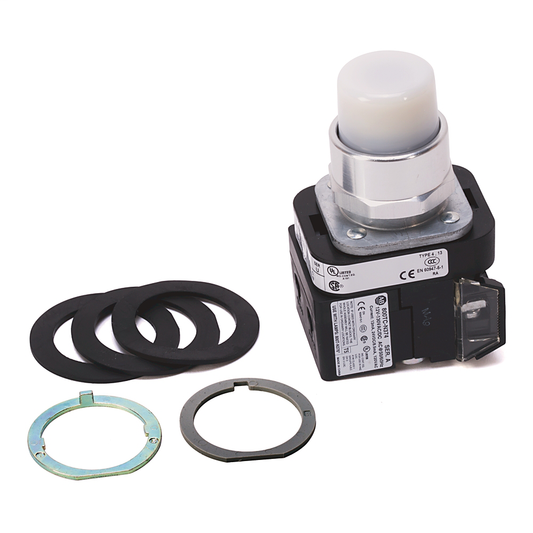 800TC-QBH2W - 30.5mm Type 4/13 Mom. Contact PB-Illum., White, Ext. Hd w/o Guard, LED, 12-130V AC/DC, 1 NO-1 NC, Finger Safe Guards