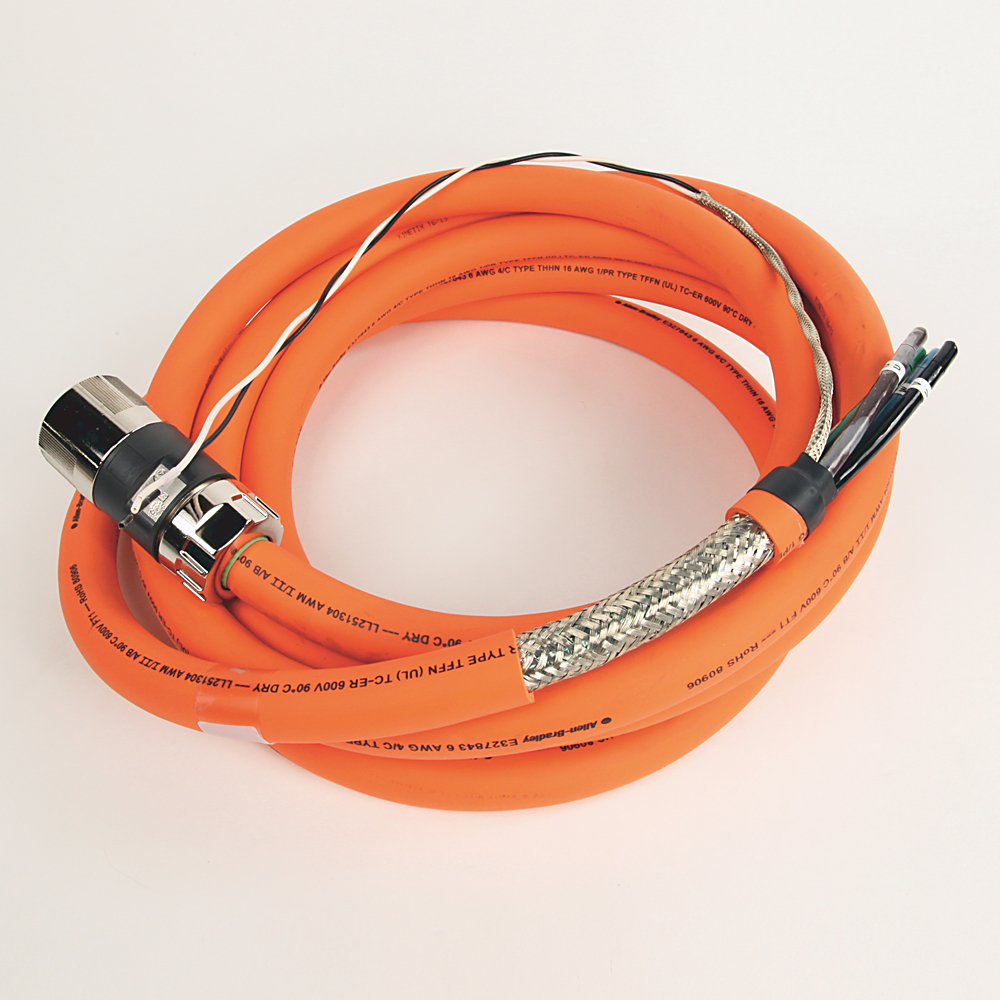 2090-CPBM7DF-06AA05 - SpeedTEC Cable, Motor Power With Brake Wires, SpeedTec DIN Connector, Drive-end, Flying-lead, 6 AWG, Standard (Non-Flex), 5 Meters