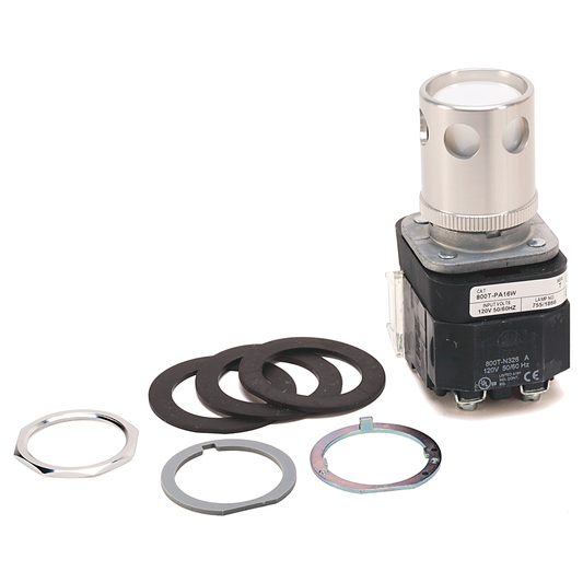 800T-PA16W - 30.5mm Type 4/13 Mom. Contact PB-Illum., White, Ext. Hd w/ Guard, Incand./No Options, 120V AC 50/60 Hz, 1 NO-1 NC