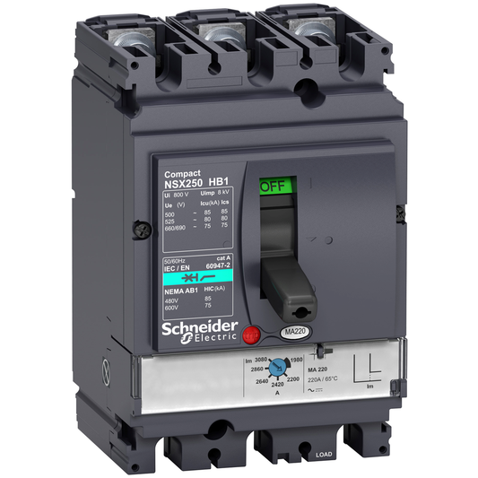 LV433251 - Disyuntor, Compact NSX100HB1, 75 kA/690 V CA, unidad de disparo MA 100 A, 3 polos 3d