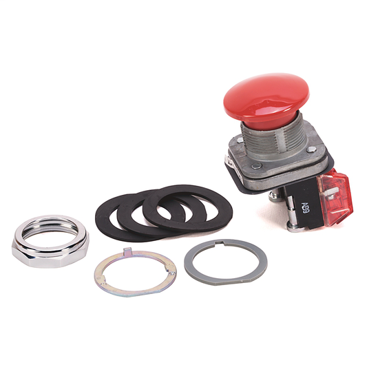 800TC-D6B - Contacto de PB Mom. Tipo 4/13 de 30,5 mm, sin iluminación, rojo, cabeza tipo hongo, 2 contactos NA-2 NC, protección para los dedos