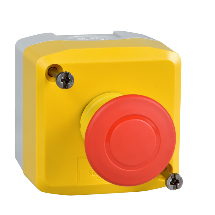 XALK198 - Control station, Harmony XALD, XALK, plastic, yellow, 1 red mushroom head push button 40mm, emergency stop push pull 1 NC, unmarked