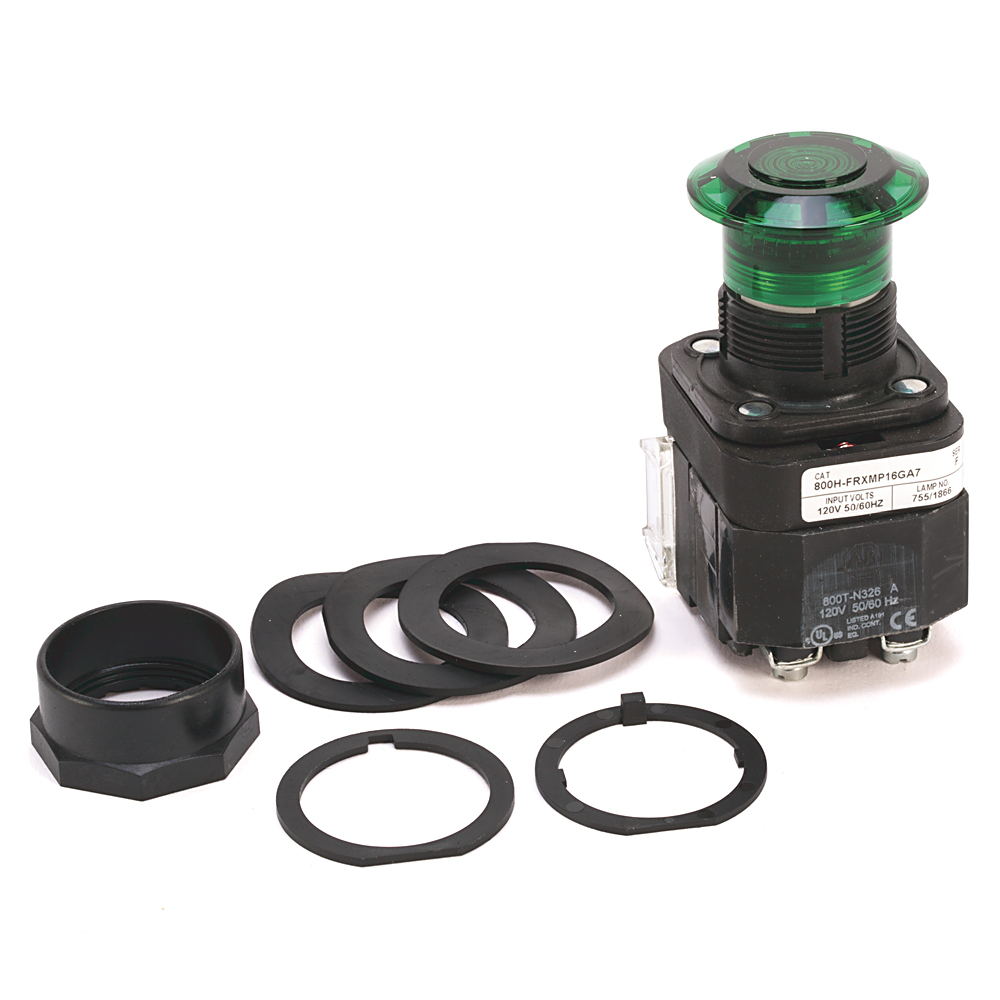 800H-FRXMPH16RA7 - 30,5 mm, tipo 4/4X/13, 3 posiciones, pulsador/tirador, iluminación, salida/controlador/entrada, rojo, base tipo hongo, LED, 120 V CA, 50/60 Hz, 1 NCLB-1 NC