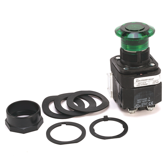 800H-FRXMPH16RA7 - 30,5 mm, tipo 4/4X/13, 3 posiciones, pulsador/tirador, iluminación, salida/controlador/entrada, rojo, base tipo hongo, LED, 120 V CA, 50/60 Hz, 1 NCLB-1 NC