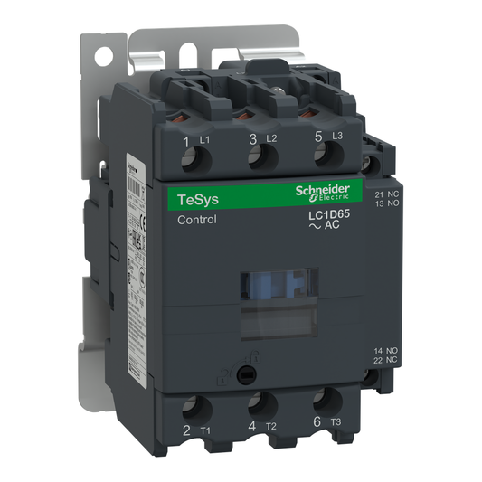 LC1D65B7 - Contactor IEC, TeSys D, no inversor, 65 A, 40 HP a 480 V CA, hasta 100 kA SCCR, trifásico, 3 NA, bobina de 24 V CA 50/60 Hz, abierto