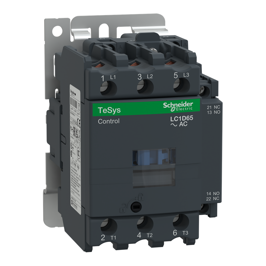 LC1D65F7 - Contactor IEC, TeSys D, no inversor, 65 A, 40 HP a 480 V CA, hasta 100 kA SCCR, trifásico, 3 NA, bobina 110 V CA 50/60 Hz, abierto