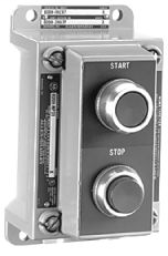 Estación de pulsadores para áreas peligrosas ensamblada 800H, tipo 7 y 9. Con dos pulsadores: verde de arranque al ras y rojo de parada extendida. Componentes: botones tipo